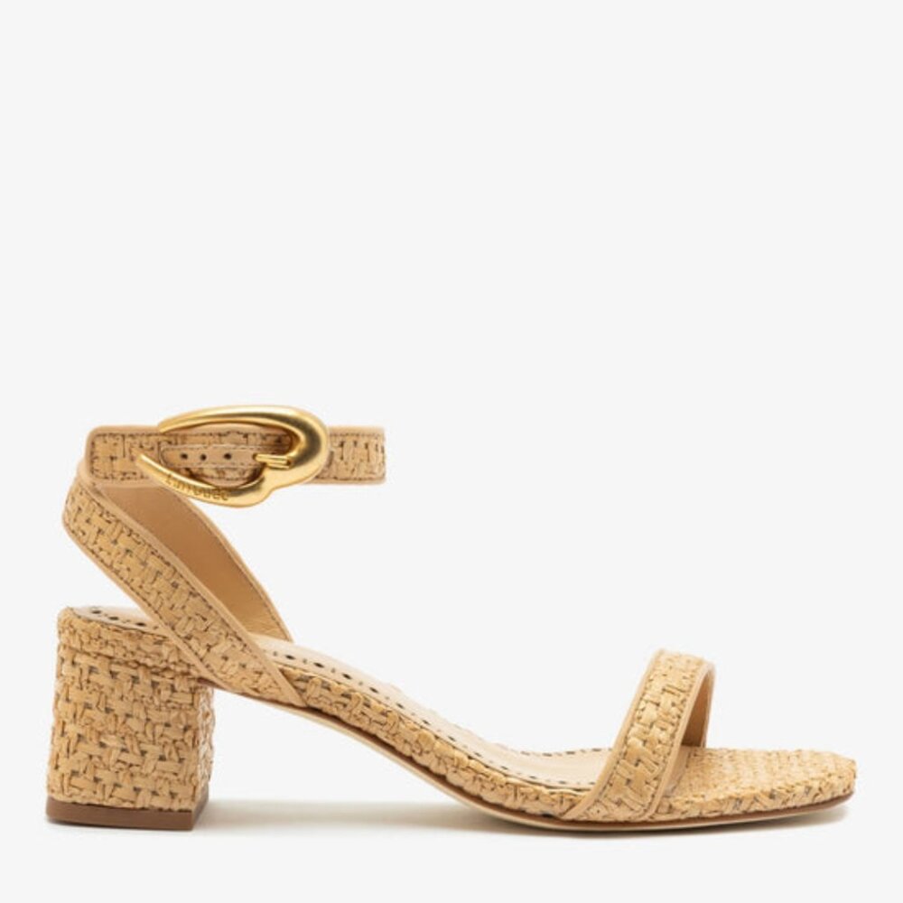 Larroudé Verona Block Sandal In Beige Leather and Natural Raffia - Picture 7 of 11